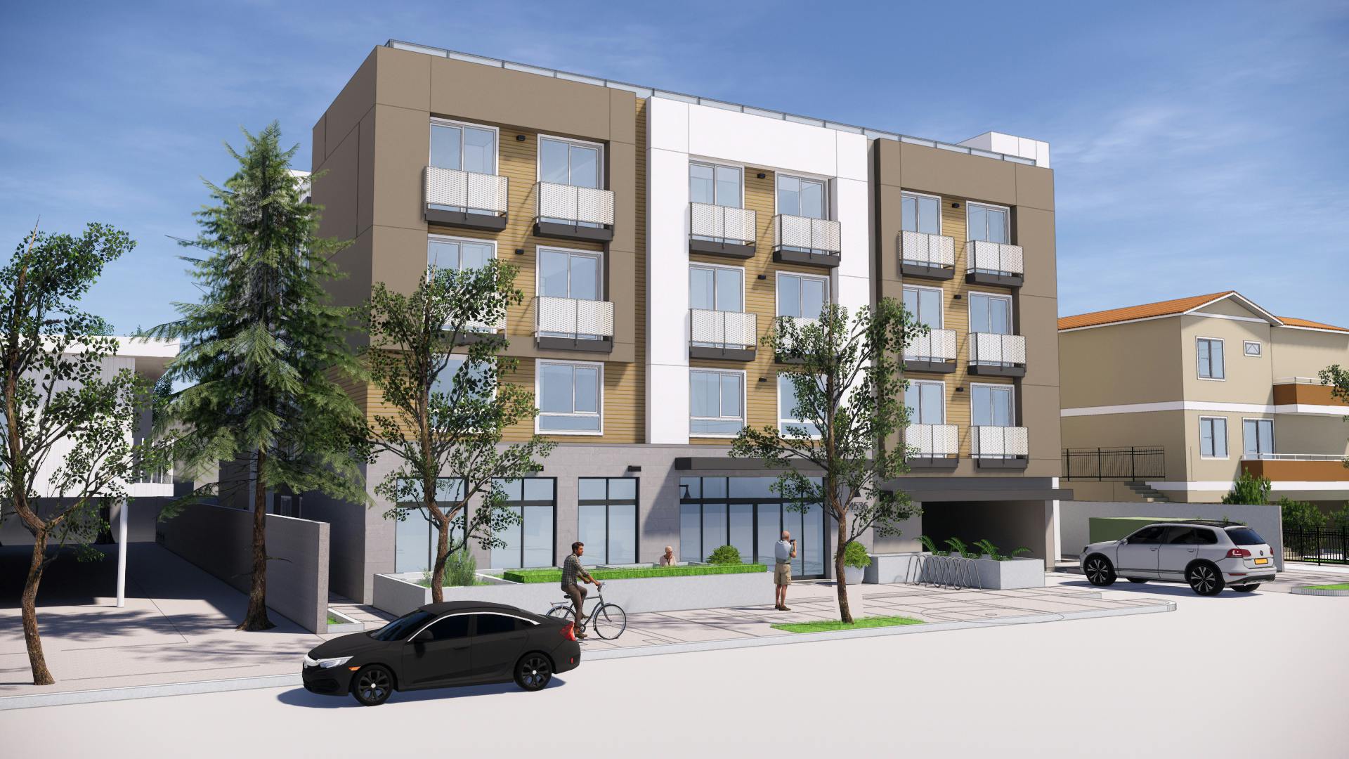rendering of project site showing 4 story apartment building